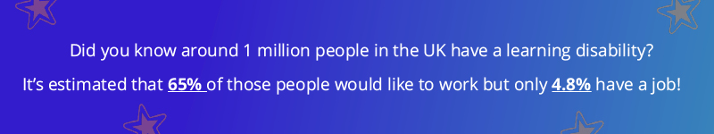 A quote on a teal and purple background with orange stars saying "Did you know around 1 million people in the UK have a learning disability? 
It’s estimated that 65% of those people would like to work but only 4.8% have a job!"